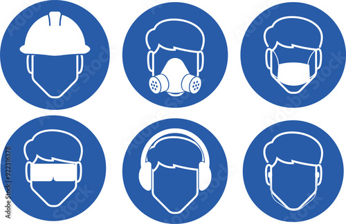 Foto Bundle isolated blue circle head protection sign, helmet, google, ears cup, mask