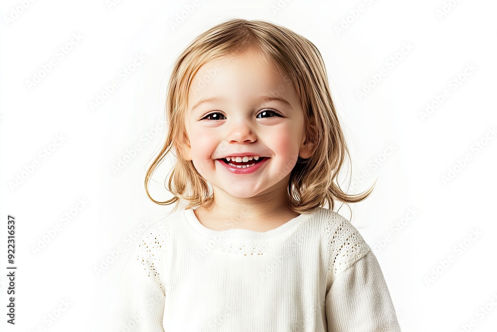 Happy toddler smiles joyfully in a bright white setting Happy toddler smiles joyfully in a bright white setting