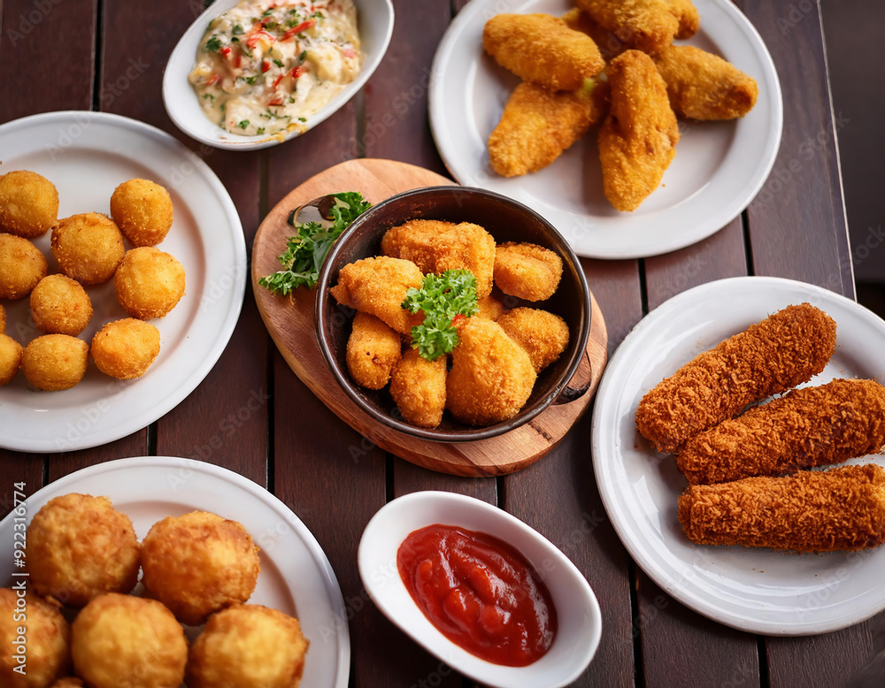 variety of fried chicken nuggets on white plates served with mayonnaise and ketchup variety of fried chicken nuggets on white plates served with mayonnaise and ketchup