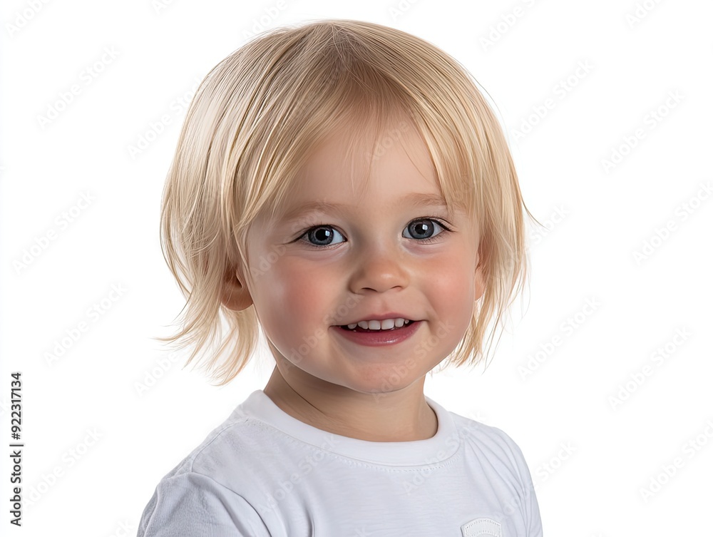 Young child with light blonde hair smiles brightly against a white background Young child with light blonde hair smiles brightly against a white background