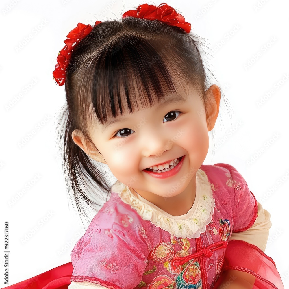 Smiling young girl wearing a colorful dress and hair accessories in a studio setting against a light background Smiling young girl wearing a colorful dress and hair accessories in a studio setting against a light background
