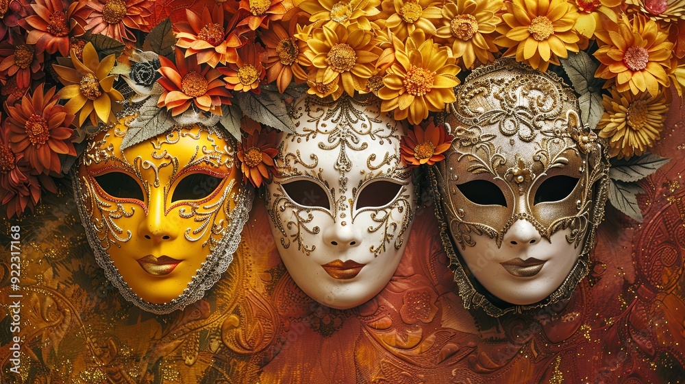 Three ornate Venetian masks with gold and silver accents surrounded by yellow and orange fabric flowers. Three ornate Venetian masks with gold and silver accents surrounded by yellow and orange fabric flowers.