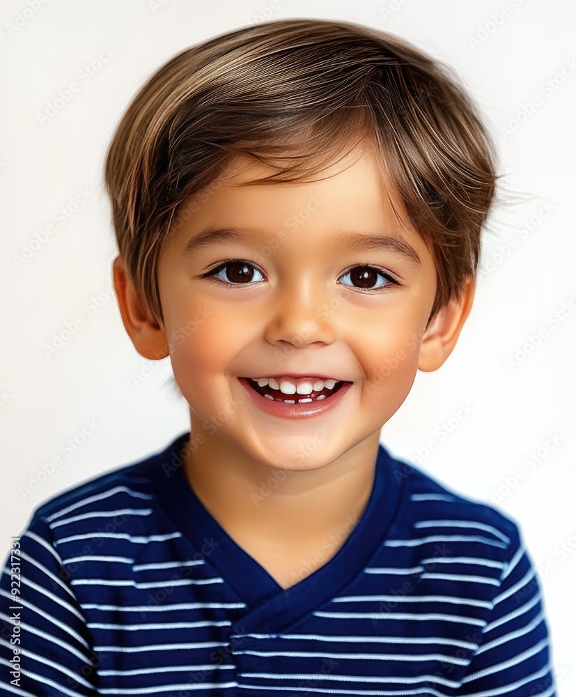 Happy young boy with brown hair smiling in a striped shirt against a neutral background Happy young boy with brown hair smiling in a striped shirt against a neutral background