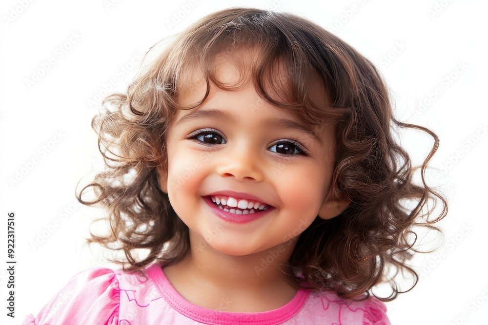 Young girl with curly hair smiles brightly in a playful pose against a white background Young girl with curly hair smiles brightly in a playful pose against a white background