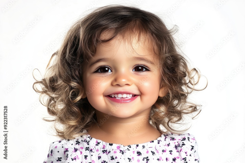 Smiling toddler with curly hair wearing floral dress against plain background Smiling toddler with curly hair wearing floral dress against plain background