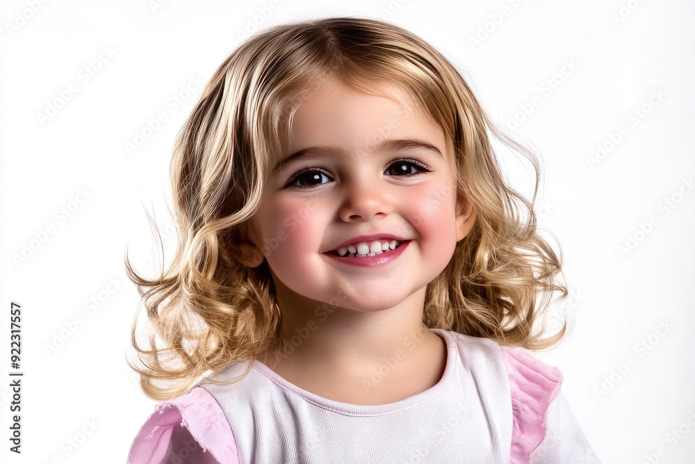 Young girl with curly hair smiling brightly against a white background Young girl with curly hair smiling brightly against a white background