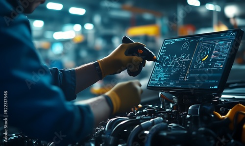 Close-Up of a Mechanic Using a Digital Diagnostic Tool on a Car Engine photo