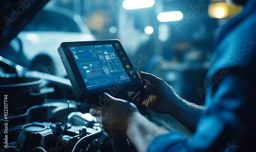 Close-Up of a Mechanic Using a Digital Diagnostic Tool on a Car Engine photo