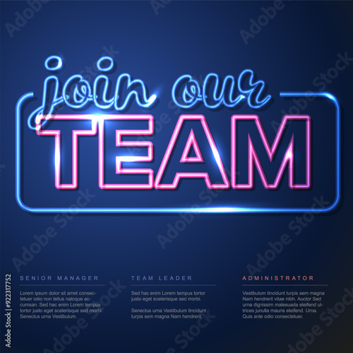 Join our team minimalist blue and pink neon notice placard flyer template - looking for new members of our team hiring a new member colleages to our company organization team simple motive photo