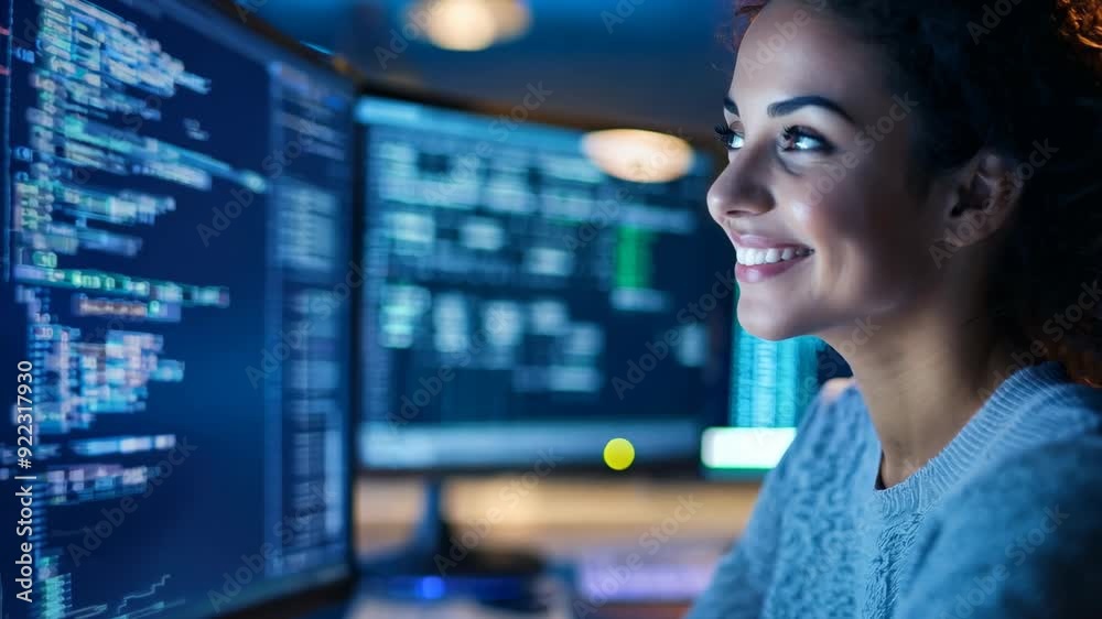 Skilled programmer positive woman working late at a tech company, focused on coding and problem-solving in a modern office environment