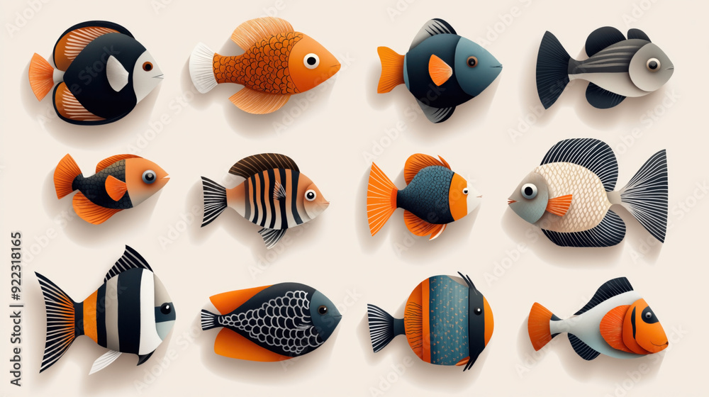 Naklejka premium A collection of twelve colorful, stylized fish illustrations featuring various patterns and vibrant hues, primarily orange, black, and white, on a light background.