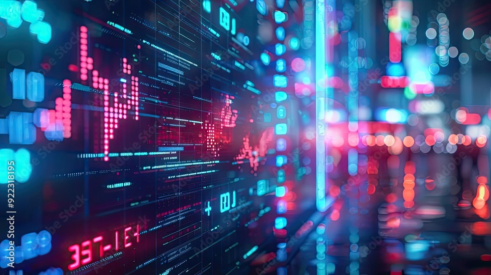 Vibrant digital stock market display showcasing fluctuating financial data with neon lights reflecting on a wet surface. Vibrant digital stock market display showcasing fluctuating financial data with neon lights reflecting on a wet surface.