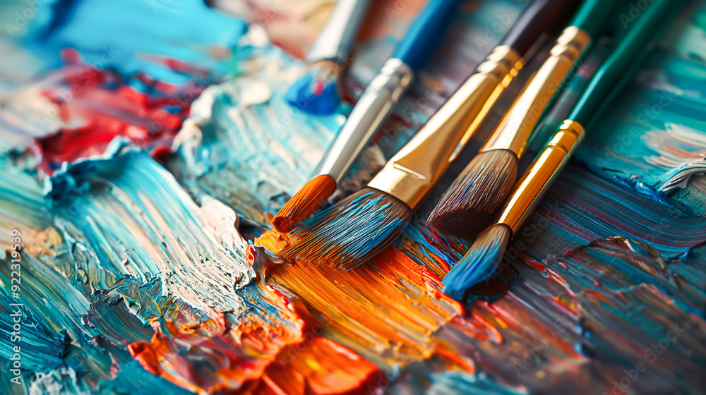 Fototapeta premium Artistic painting tools, Paintbrushes and palette, Oil paints brushstrokes mixture