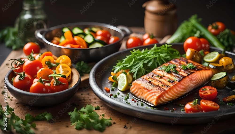 Grilled salmon fillet with vegetables mix.
Grilled salmon fillet with vegetables mix.