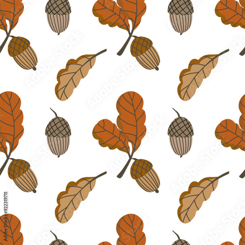 Seamless vector pattern with an acorn and oak leaf in flat style. Elements for autumn design in brown color. Natural floral clipart for cozy compositions on the theme of the harvest festival.