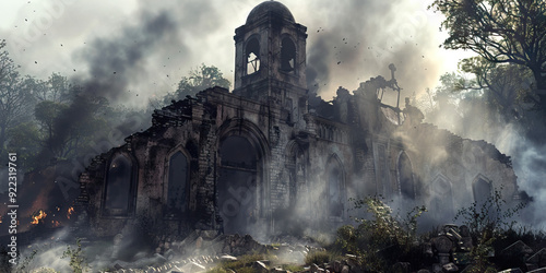 Blackened Souls: Smoke billows from a ruined church, its charred remains still steeped in prayer.