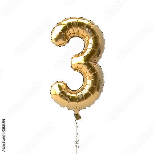 Isolated Gold Balloon Number Three with Transparent Design.