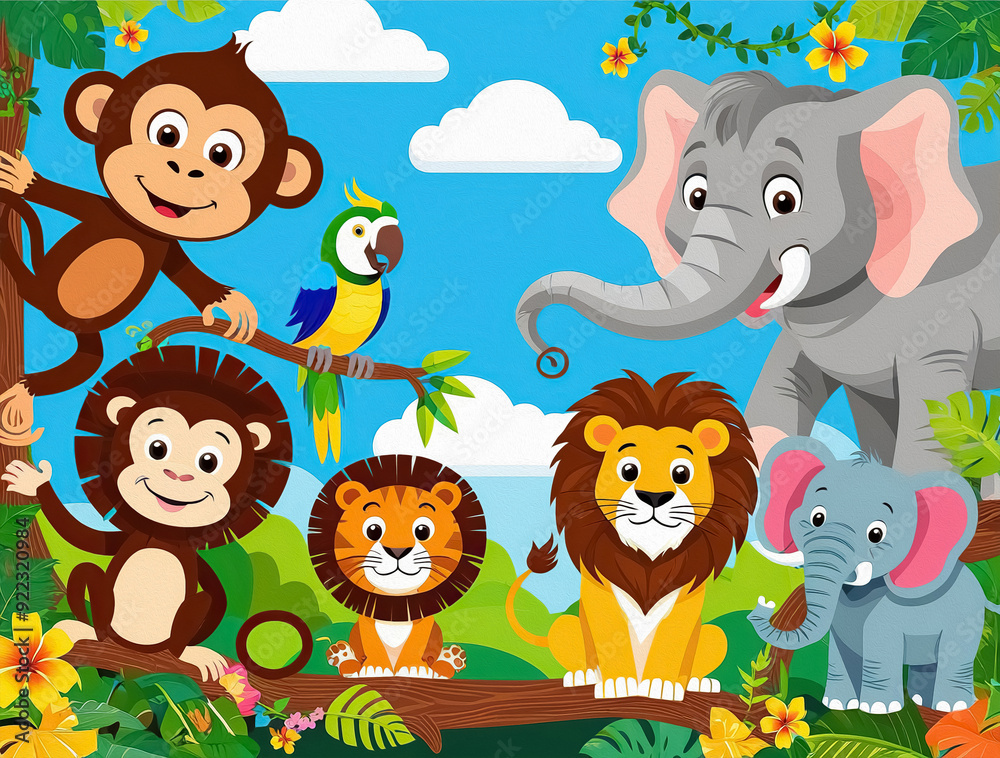 Fototapeta premium Illustration of the wild animals near the big tree 