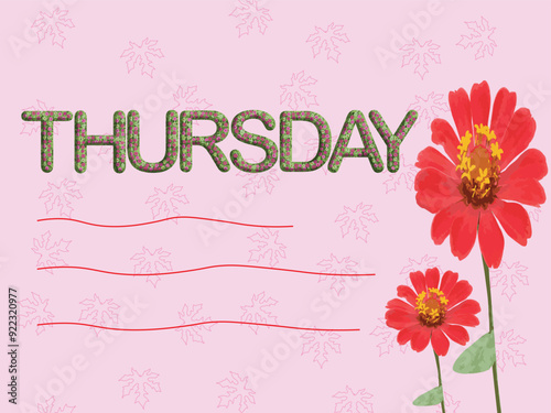 THURSDAY, card with flowers on pink background design,	
