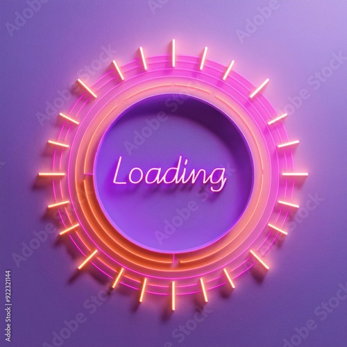 A vibrant neon loading circle with glowing lights on a purple background, perfect for technology and waiting animations. photo