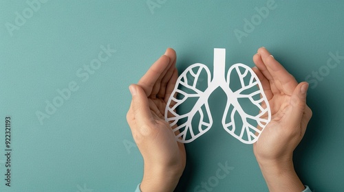 Hands gently holding a paper cut-out of lungs against a light blue background for World No Tobacco Day awareness campaign photo