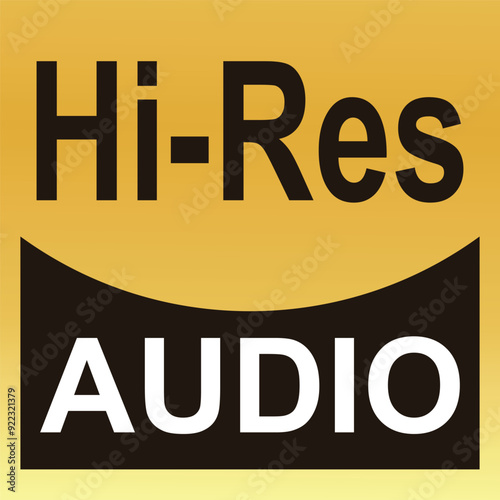 Hi res Audio logo, Hi res Audio yellow gold symbol, Hi res definition audio, Hi Resolution Audio sign, Resolution music in golden