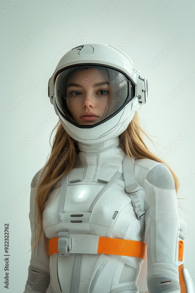 A woman in a white spacesuit with orange straps A woman in a white spacesuit with orange straps