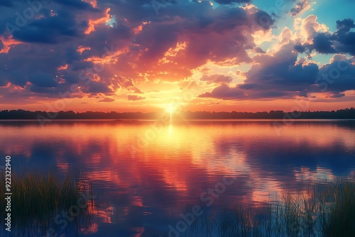 Sunset Over Lake With Reflections in the Water - Landscape Photo