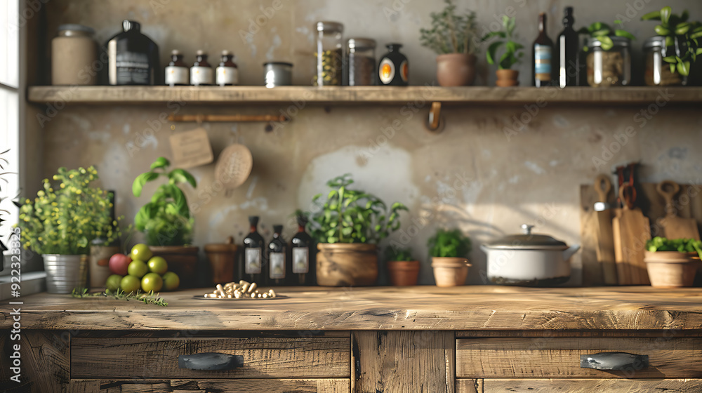 Rustic kitchen counter with wooden shelves, jars of herbs, and plants, with natural light streaming in. Rustic kitchen counter with wooden shelves, jars of herbs, and plants, with natural light streaming in.