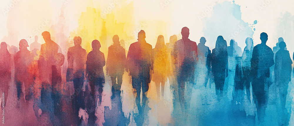 Obraz premium Watercolor Silhouettes of People Walking in a Crowd, Abstract Art, Diversity Concept, Abstract Ar