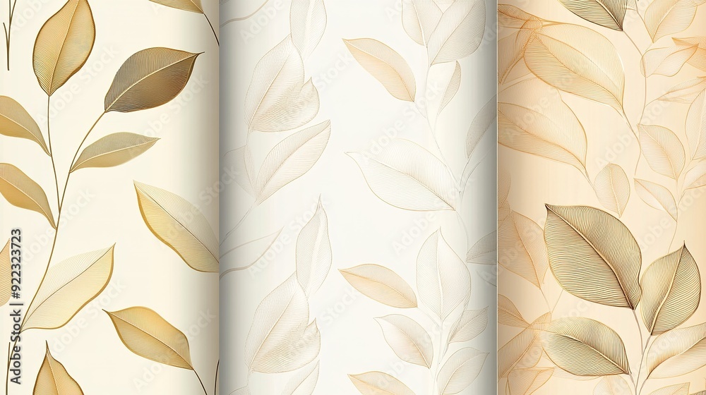 Elegant leaf patterns in soft gold and cream hues on textured backgrounds suitable for home decor and design projects Elegant leaf patterns in soft gold and cream hues on textured backgrounds suitable for home decor and design projects
