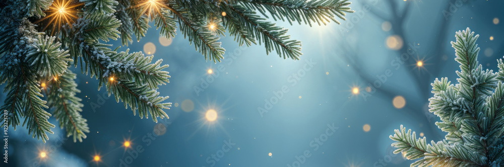 fir tree branches and golden stars on snowy blue background. Winter holidays template with copy space for greeting card, invitation, banner, poster. Merry Christmas and Happy New Year. fir tree branches and golden stars on snowy blue background. Winter holidays template with copy space for greeting card, invitation, banner, poster. Merry Christmas and Happy New Year.