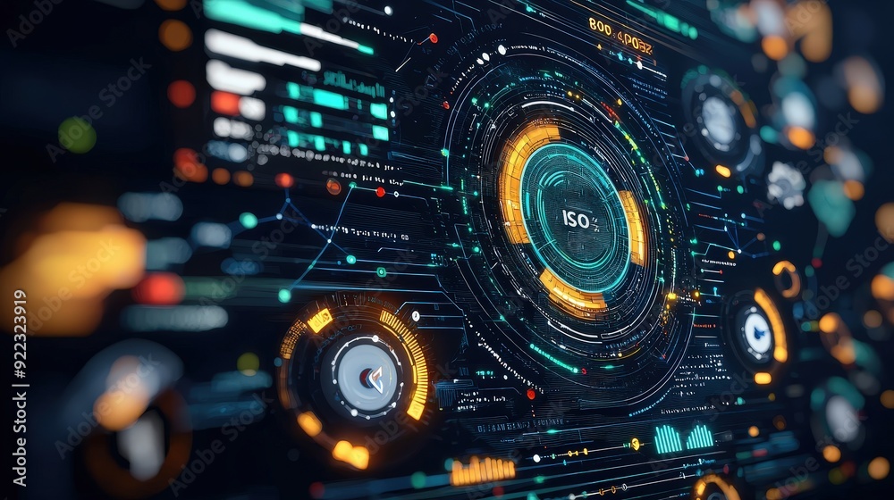 A digital dashboard displaying ISO standards and safety metrics in a sleek futuristic design A digital dashboard displaying ISO standards and safety metrics in a sleek futuristic design