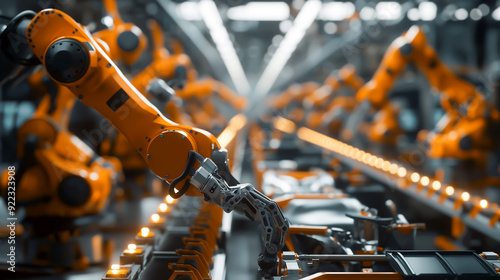 Arm of automobile production line. Large production line with industrial robot arms at modern factory. Automated manufacturing facility