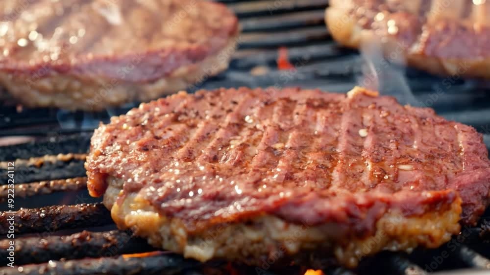 The Juicy burgers sizzle on a barbecue grill during a summer cookout. The Juicy burgers sizzle on a barbecue grill during a summer cookout.