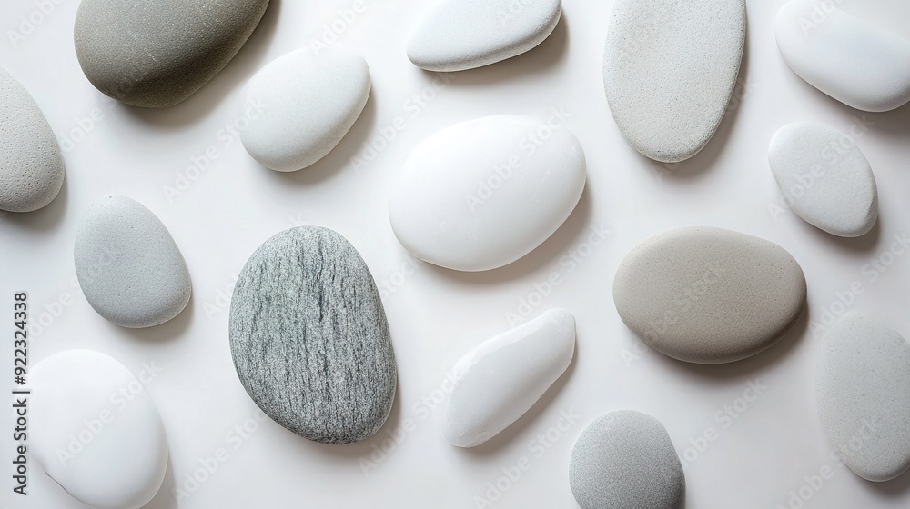 Natural smooth pebbles of various shades arranged on a light surface
