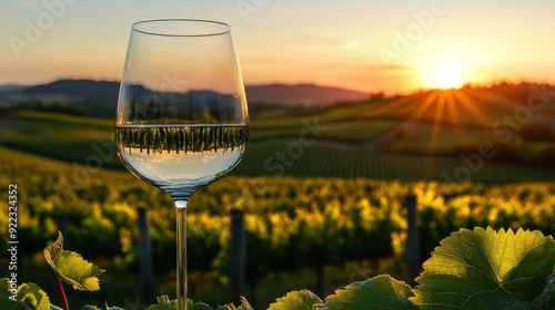 ugh the reflection in a wine glass, set against a backdrop of rolling hills at sunset