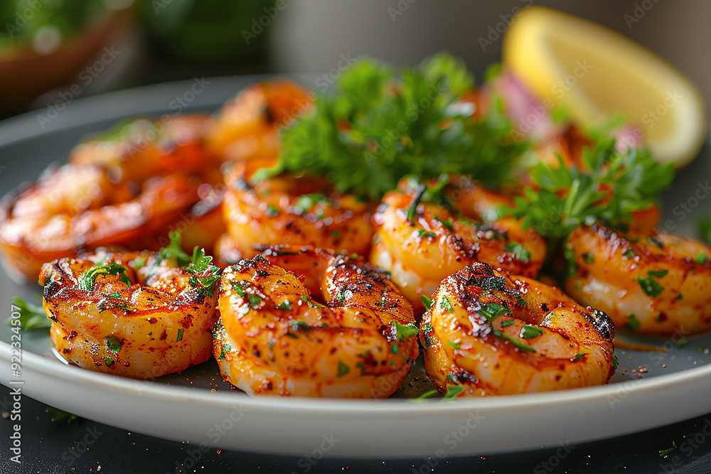 Close up of delicious prawns in plate with sauces generated.AI