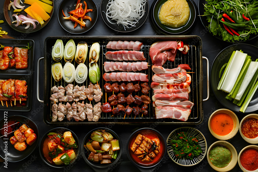 korean barbecue in thai style Thai barbecue pork, all you can eat barbecue buffet, top view