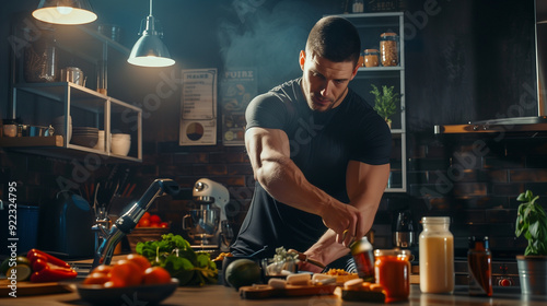 Um homem musculoso, focado e satisfeito, cozinha uma refeição fitness, combinando ingredientes saudáveis para manter seu estilo de vida ativo e equilibrado. photo