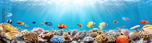 Colorful underwater world with various tropical fish and vibrant coral reefs illuminated by sun rays from the surface.