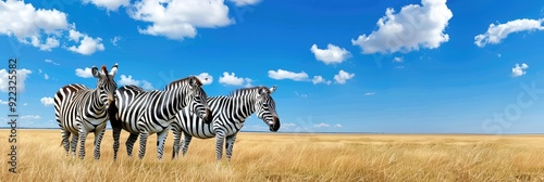 Group of zebras standing in a vast grassland under a clear blue sky with scattered clouds, showcasing the beauty of wildlife and nature. photo