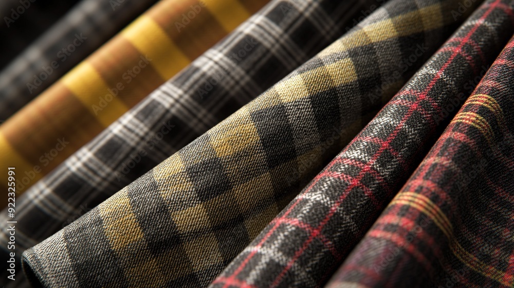 Close-up of various plaid textiles in warm autumn colors arranged in a seamless pattern with intricate designs Close-up of various plaid textiles in warm autumn colors arranged in a seamless pattern with intricate designs
