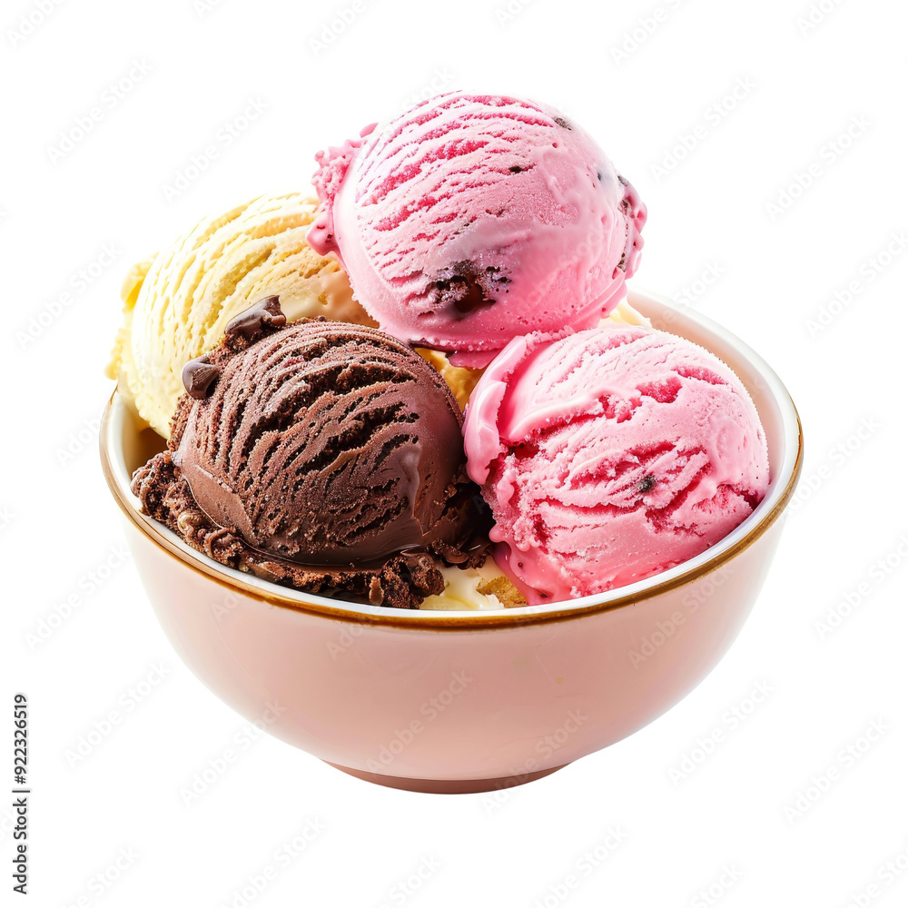 Assorted Ice Cream Scoops in Pink Bowl Isolated without Background. Assorted Ice Cream Scoops in Pink Bowl Isolated without Background.