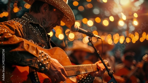 Vibrant Country Music Concert in Nashville with Guitars, Cowboy Hats, and Energetic Crowd