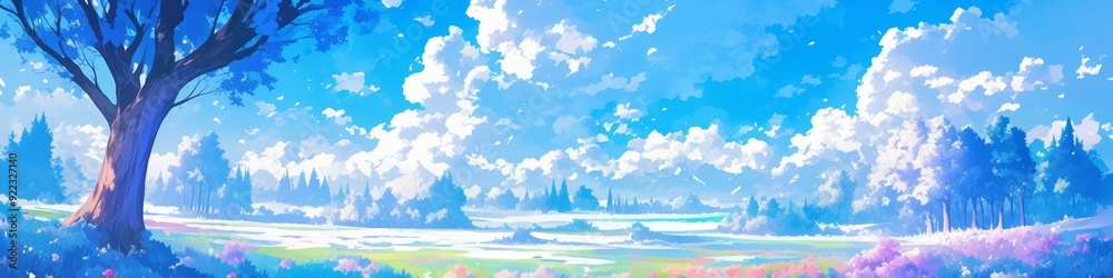 Fototapeta premium Enchanting Winter Wonderland: Anime-Style 4K Illustration of Magical Snowy Landscape with American Elm Trees. Vibrant Blue Sky and Delicate Snowflakes Create a Whimsical Seasonal Scenery. Perfect for 