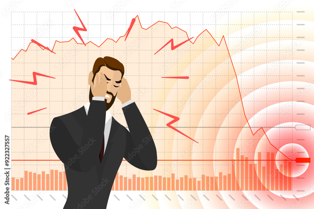 Sad businessman trader on stock index chart falling and investor finance loss banner concept. Stressed business man broker on exchange market trading decreasing data fall down graph. Economic crisis Sad businessman trader on stock index chart falling and investor finance loss banner concept. Stressed business man broker on exchange market trading decreasing data fall down graph. Economic crisis