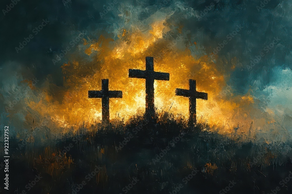 Fototapeta premium impressionistic oil painting of three crosses on calvary hill dramatic stormy sky with golden light breaking through evoking powerful emotion