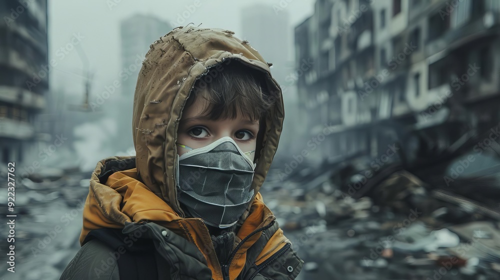 A child wearing a mask in a polluted city, dark tones, dramatic lighting, realistic A child wearing a mask in a polluted city, dark tones, dramatic lighting, realistic