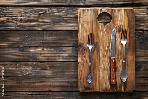 Wood Background Set. Top View of Clean Cutlery and New Board on Beautiful Wooden Dining Table